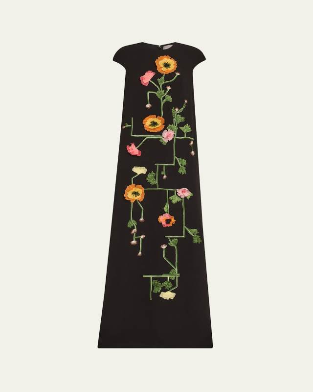 Augusta Floral Embroidered Cap-Sleeve Gown